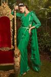 Buy_Cherie D_Green Satin Georgette Duchess Ruffle Border Saree With Blouse _at_Aza_Fashions