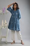 Buy_Khat_Blue Handloom , V-neck Handwoven Polka Pattern Tunic And Pant Set _at_Aza_Fashions