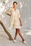 Buy_Kharakapas_Off White Schiffli Cotton Solid V Neck Dreaming You Short Dress  _at_Aza_Fashions