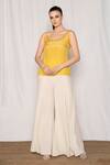 Buy_Amrta By Guneet Kondal_Yellow Viscose Pearls, Beads, Zari Scoop Neck Embroidered Top And Flared Pant Set _at_Aza_Fashions