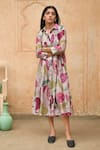 Buy_Taro_Grey Chanderi Silk Printed Foliage Magnolia Shirt Dress  _at_Aza_Fashions