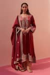 Buy_Angad Singh_Maroon Velvet Embroidered Floral U Neck Choga Salwar Set _at_Aza_Fashions