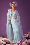 Buy_Mala and Kinnary_Blue Saree Net Embroidered Polka Dots Pattern Cape Open Set  _at_Aza_Fashions