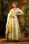 Buy_Bairaas_Yellow Mul Cotton Hand Block Print Botanical V Neck Anarkali With Dupatta_at_Aza_Fashions