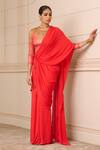 Buy_Tarun Tahiliani_Red Blouse  Foil Jersey Hand Embroidered Jewelled Concept Pre-draped Saree With _at_Aza_Fashions