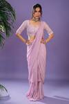 Buy_Pritika Vora_Purple Blouse - Net Embroidered Floral V Neck Layered Pre Draped Saree With_at_Aza_Fashions
