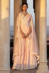 Buy_PREEVIN_Pink Peplum Top Cotton Mulmul Embroidery Thread Angrakha Sharara Set _at_Aza_Fashions