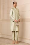 Buy_Tarun Tahiliani_Ivory Brocade Floral High Neck Jacket And Pant Set _at_Aza_Fashions