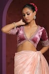 Buy_Weaver Story_Pink Velvet Hand Embroidered Zardozi Plunge V Neck Scalloped Blouse _at_Aza_Fashions