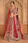 Buy_Kalighata_Maroon Silk Embroidery V-neck Raw Floral Bridal Lehenga Set _at_Aza_Fashions