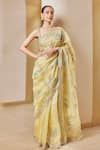 Buy_Osaa by Adarsh_Yellow Organza Hand Embroidery Floral Vine U Neck Saree With Blouse  _at_Aza_Fashions