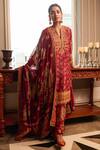 Buy_Tarun Tahiliani_Wine Silk Dupion And Embroidery Paisley Notched Kurta Salwar Set_at_Aza_Fashions