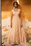 Buy 17:17 By Simmi Saboo Beige Muslin Silk Cut Dana, Floral Stripe Print, Zari Zainab Embroidered Gown at Aza Fashions Buy_17:17 By Simmi Saboo_Beige Muslin Silk Cut Dana, Floral Stripe Print, Zari Zainab Embroidered Gown_at_Aza_Fashions
