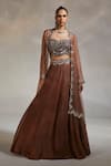 Buy_Divya Aggarwal_Brown Corset Velvet Cape Organza Lehenga Theo Scallop Embellished Set _at_Aza_Fashions