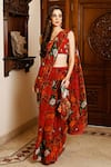 Buy_SANAM_Red Organza Floral Blooms V Neck Charlotte Soft Saree With Silk Blouse _at_Aza_Fashions