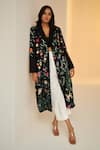 Buy_Betrue_Black Linen, Cotton Embroidery Collared Floral Trench Jacket _at_Aza_Fashions