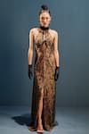 Buy_Cedar & Pine_Black Net Embroidery Bead Halter Neck Gown  _at_Aza_Fashions