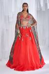 Buy_Dolly J_Red Organza And Satin Embroidery Zardozi V Jazz Printed Cape Lehenga Set  _at_Aza_Fashions