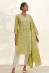 Buy_Mulmul_Green 100% Pure Mulmul Rivona Panelled Kurta Satari Pant Set _at_Aza_Fashions