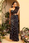 Buy_SAANJH BY LEA_Black Satin Embellished Sequin One Shoulder Mayra Hand Embroidered Saree Gown_at_Aza_Fashions