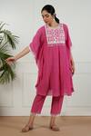 Buy_OMI_Pink Linen, Crepe Embroidery, Lace Round Neck Floral Yoke Kaftan And Pant Set_at_Aza_Fashions