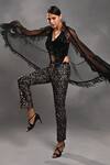 Buy_Jyoti Sachdev Iyer_Black Velvet, Organza Embroidery, Feathers V-neck Border Cape And Trouser Set _at_Aza_Fashions