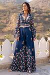 Buy_Suruchi Parakh_Blue Georgette Crepe Printed Floral Shawl Collar Jumpsuit With Belt _at_Aza_Fashions