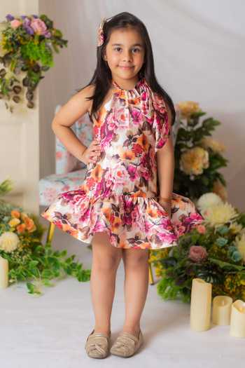 Buy_Lil Angels_Multi Color Satin, Cotton Floral Print Dress _at_Aza_Fashions