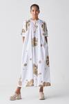 Buy Three White Poplin Embroidery Round Neck Gathered Printed Dress at Aza Fashions Buy_Three_White Poplin Embroidery Round Neck Gathered Printed Dress _at_Aza_Fashions