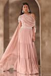 Buy_Seema Thukral_Pink Chiffon, Satin Tassels, Pearls, Beads Tiered Lehenga And Draped Blouse Set _at_Aza_Fashions