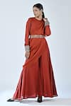 Buy_Sejal Kamdar_Red Crepe Silk Embroidered And Printed Cutdana Flared Draped Jumpsuit  _at_Aza_Fashions