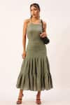 Buy_Zariya the Label_Green Cotton Woven Textured Halter Neck Tiered Dress _at_Aza_Fashions