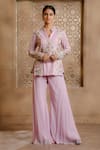 Buy_Omana By Ranjana Bothra_Purple Organza, Georgette, Viscose, Mayoor Peplum Jacket And Bell Bottom Pant Set _at_Aza_Fashions