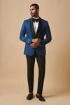 Buy_Philocaly_Blue Wool, Silk Embroidery Floral Pattern Tuxedo Blazer_at_Aza_Fashions