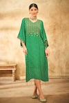 Buy_Aditi Somani_Green Modal Satin Beads, Bandhani, Coins V Neck Pattern Tassel Kaftan _at_Aza_Fashions
