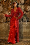 Buy_The House of Exotique_Red Long Jacket- Net Embroidered Embellished And Draped Skirt Set  _at_Aza_Fashions