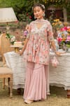 Buy_Summer By Priyanka Gupta_Pink Georgette Sequins V-neck Rose Print Kurta Gharara Set _at_Aza_Fashions