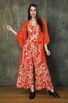 Buy_Whimsical By Shica_Orange Crepe V-, Open Floral Print Jumpsuit With Jacket _at_Aza_Fashions