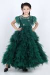 Buy_The Little Celebs_Green Net, Satin Feathers Tiered Ruffle Dress _at_Aza_Fashions