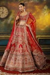 Buy_Pallavi Poddar_Red Raw Silk Embroidery Resham Leaf Neck Dehli Kali Bridal Lehenga Set _at_Aza_Fashions