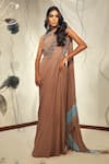 Buy_Babita Malkani_Brown Tulle Floral Round Ombre Fringed Saree Gown_at_Aza_Fashions