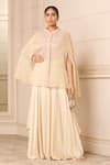 Buy_Tarun Tahiliani_Beige Cape  Zari Tissue Embroidered Chikankari Cape Band And Flared Trouser Set _at_Aza_Fashions