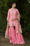 Buy_Vashisht Guru Dutt_Pink Handloom Chanderi Embroidery Gota Round And Zari Kurta Gharara Set  _at_Aza_Fashions