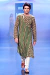 Buy_PUNIT BALANA_Green Linen Print Bandhani Angarkha Kurta Set _at_Aza_Fashions