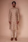 Buy_Tisa - Men_Beige Sherwani: Raw Silk Embroidered Velvet Flowers Pattern Set For Men_at_Aza_Fashions
