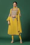 Buy_Two Sisters By Gyans_Yellow Kurta And Dupatta Georgette Embroidery Aari Work Round Yoke Set _at_Aza_Fashions