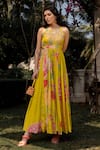 Buy_Paulmi and Harsh_Yellow Crepe Printed Floral Pattern Round Refreshing Jumpsuit _at_Aza_Fashions