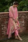 Buy_Vashisht Guru Dutt_Pink Handloom Chanderi And Raw Silk Embroidery Floral Notched Neck Kurta Set _at_Aza_Fashions