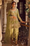 Buy_LASHKARAA_Green Net Embroidery Zari Scoop Neck Intertwined Floral Kurta Tulip Pant Set _at_Aza_Fashions