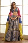 Buy_Studio Iris India_Blue Banarasi Silk Floral Pattern V Neck Isabella Lehenga Set _at_Aza_Fashions